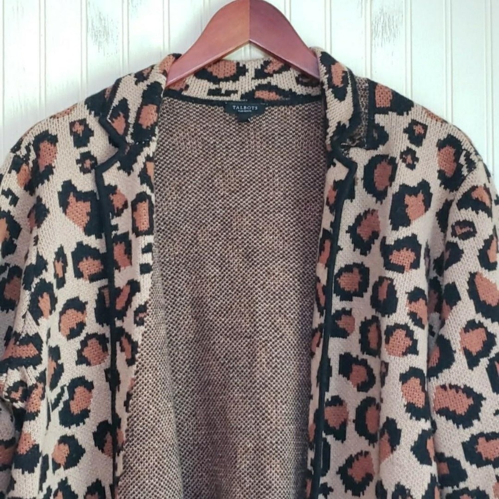 Talbots Cardigan Sweater Womens Petite 1X Beige Leopard Collared Open Front Knit